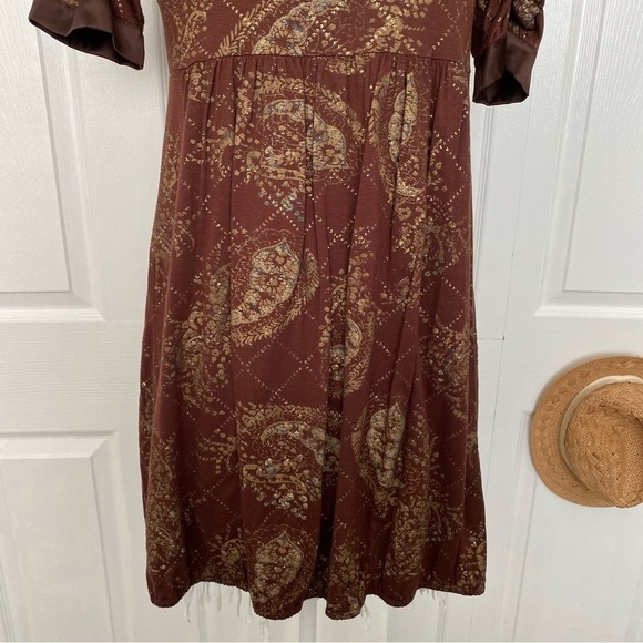 Chaudry KC Pattern Brown Metallic Gold Mini Dress Short Sleeve V-neck Bow Small - Picture 9 of 15